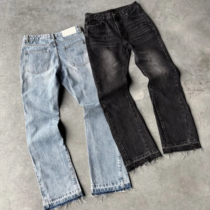 Y2K Vintage Slim Fit Jeans Trendy Washed Men Women Harajuku Hip Hop Straight Leg Pants Gothic Fringed Casual Micro Flared Pants - Matrix Studios