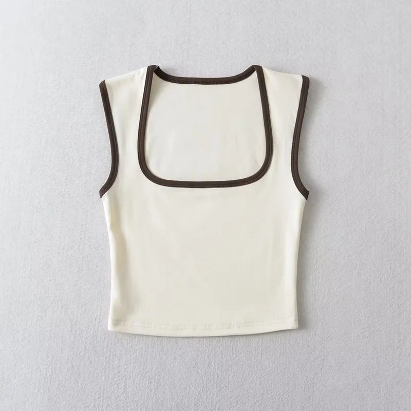 Woman Fashion Slim Solid Contrust Camis Casual Sleeveless Tanks Square Collar Crop Tops Clothing Streetwear Mujer 2024 Y2k - Matrix-studios.com