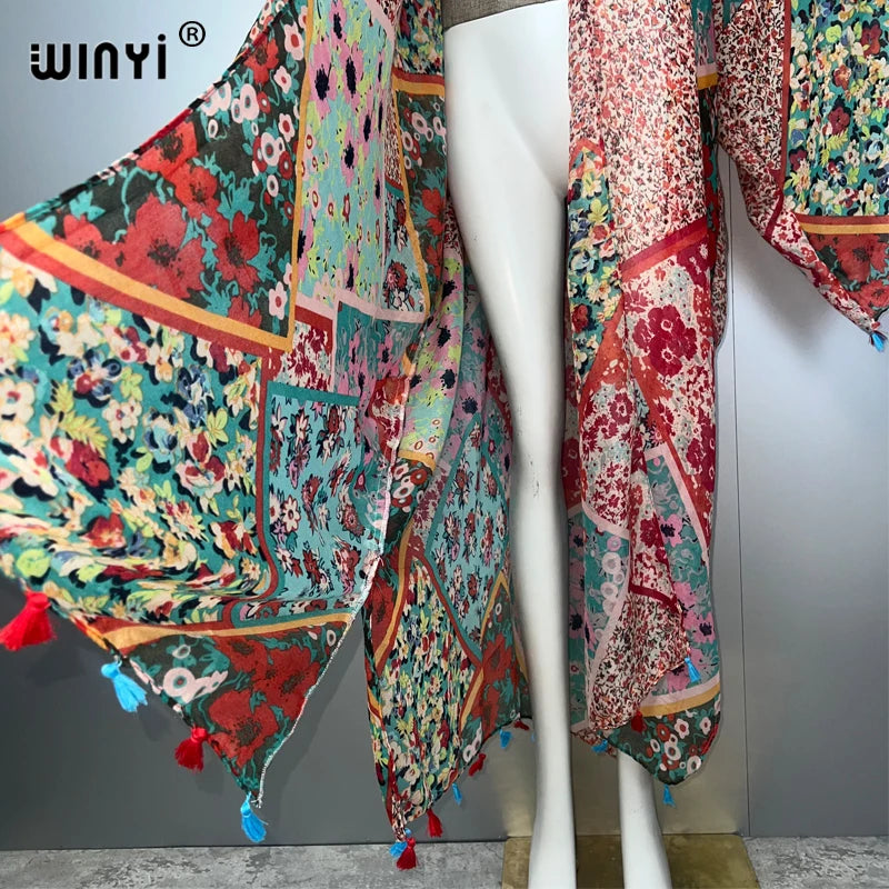 WINYI Bohemian Kimono Print Women Coat Loose Tassels Long Coat Beach Holiday Swimming Cover Up Party Dresses Luxury Dubai Abaya - Matrix Studios