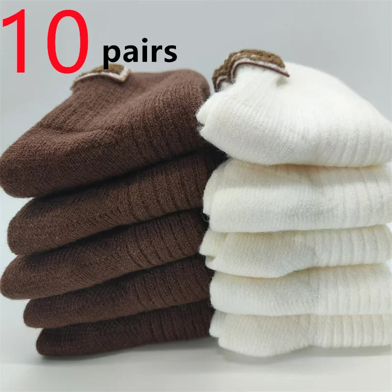 5/10 Pairs Socks Women Luxury Designer Cashmere Wool Sock Solid Warm Thick Pile Embroidered Logo Mid-Calf female Snow Boot Socks - Matrix Studios