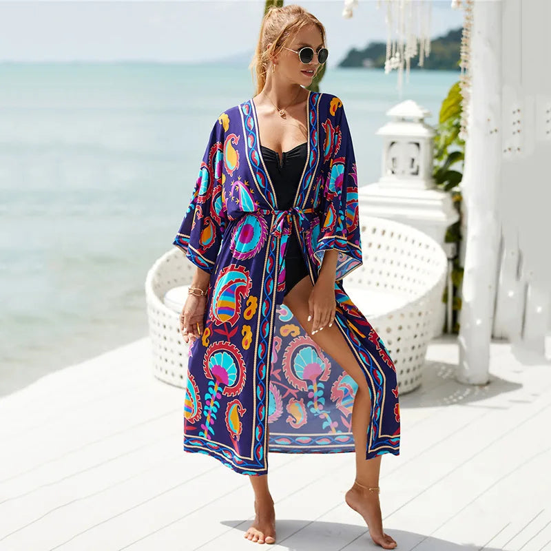 Kimonos Swimsuit Summer Vacation Outfit for Women Beach Robe Long Pool Cover Up Colorful Dress for Swimwear - Matrix Studios