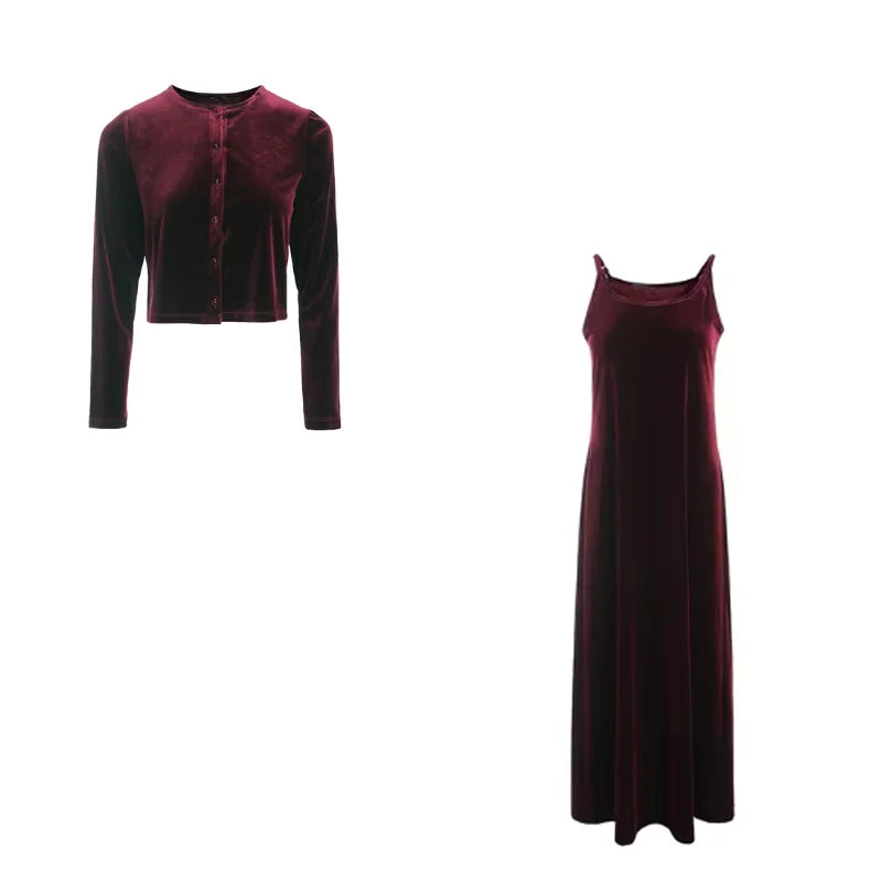 2024 Autumn Women Solid Color New Sleeveless Dress Single-breasted Long-sleeved Cardigan And Long Robes Female Casual Clothes - Matrix-studios.com