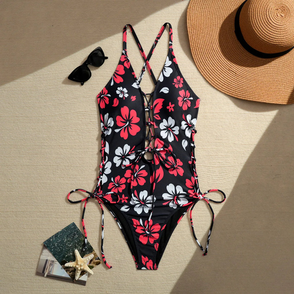 Printed Flower Tankini Set  Girl Swimwear Adjustable Strap Vest Bra Female Flower Shorts Bikini Drawstring Women Beach Set - Matrix-studios.com