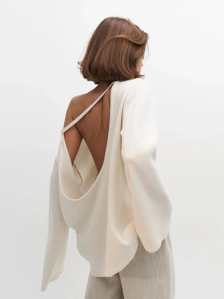 Original Backless O-neck Cotton Knit Sweater Autumn and Winter Women Simple Loose Soft Warm Elastic Daily Office Casual Sweater - Matrix Studios