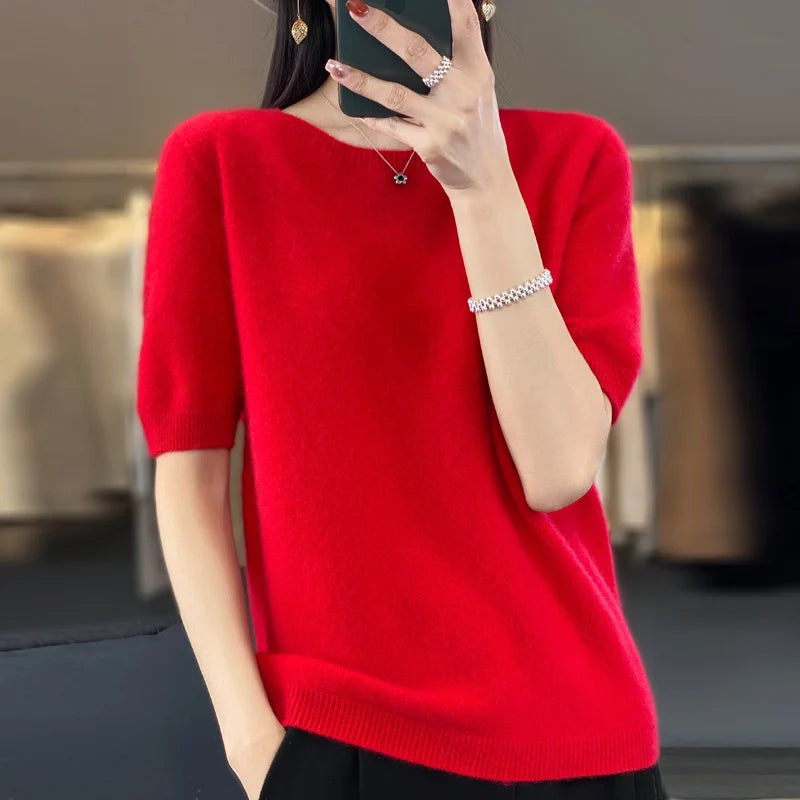 100% Merino Wool Women's O Neck Knitted T-Shirt Korean Pullover Short Sleeve Sweater Women's Basic Solid Color Half Sleeve Women - Matrix Studios