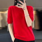 100% Merino Wool Women's O Neck Knitted T-Shirt Korean Pullover Short Sleeve Sweater Women's Basic Solid Color Half Sleeve Women - Matrix Studios