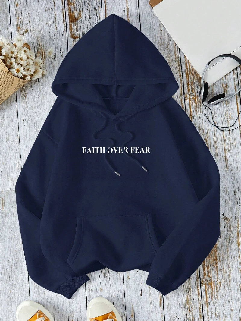 Casual Women's Hoodies Faith Over Fear Letter Printing Sweatshirts Fleece Warm Comfortable Pocket Pullovers Autumn Streetwear - Matrix Studios