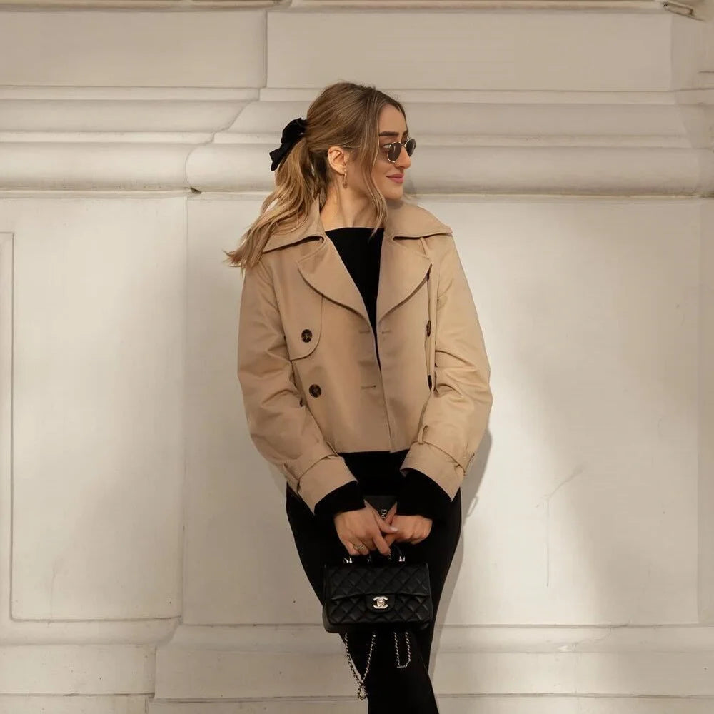 Ladies Vintage Cropped Trench Spring Autumn Jacket Women Streetwear Double Breasted Long Sleeve Top Female Chic Coat Outfits - Matrix-studios.com