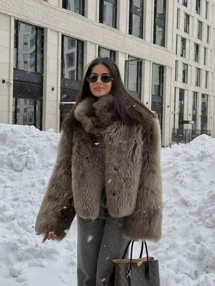 Chic Brown Faux Fur Overcoat Women Casual Luxury Lapel Long Sleeve Fluffy Coat Winter Female Thicken Warm High Street Outwear - Matrix Studios