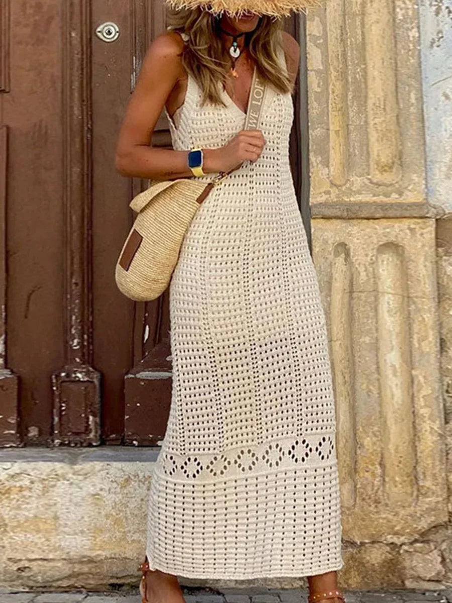 S - XL 2025 V Neck Hollow Out Crochet Knitted Tunic Beach Cover Up Long Cover-ups Beach Dress Beach Wear Beachwear Female Women - Matrix Studios