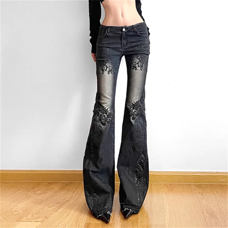 Women Gothic Y2k Flare Jeans Harajuku Baggy Denim Trousers 90s Aesthetic Low Waist Jean Pants Vintage 2000s Trashy Clothes 2024 - Matrix-studios.com