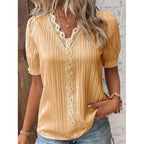 Women's Lace Stitching Shirt Summer Loose V Neck Short Sleeve Pullover Chiffon Shirt Solid Top Simple Elegant Street Blouse - Matrix-studios.com