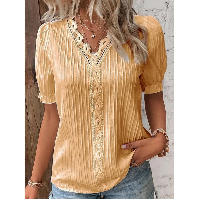 Women's Lace Stitching Shirt Summer Loose V Neck Short Sleeve Pullover Chiffon Shirt Solid Top Simple Elegant Street Blouse - Matrix-studios.com