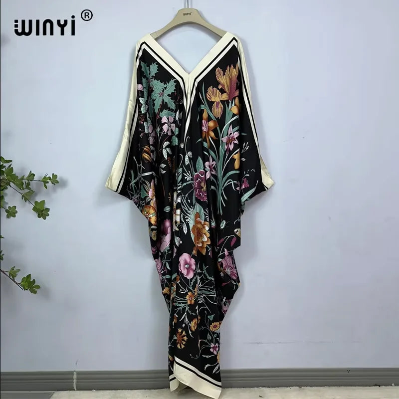 WINYI Print Summer Maxi Dress Muslim Abaya Lady Beach Cover Up Muslim Woman Dresses Beachwear Fashion Kaftan Abaya Dubai Luxury - Matrix Studios