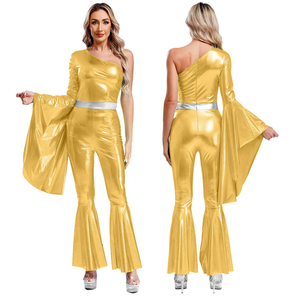 Womens 70S Disco Vintage Jumpsuit Metallic Shiny Flare Sleeve Bodysuit Hippie Bell Bottom Jazz Dance Carnival Rave Party Costume - Matrix Studios