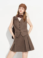 FSLE【Premium Series】New Women's Brown Wool Checkered Suit Set Blazer Vest Skirt Three Piece Coord Vintage Office Chic Suiting - Matrix-studios.com