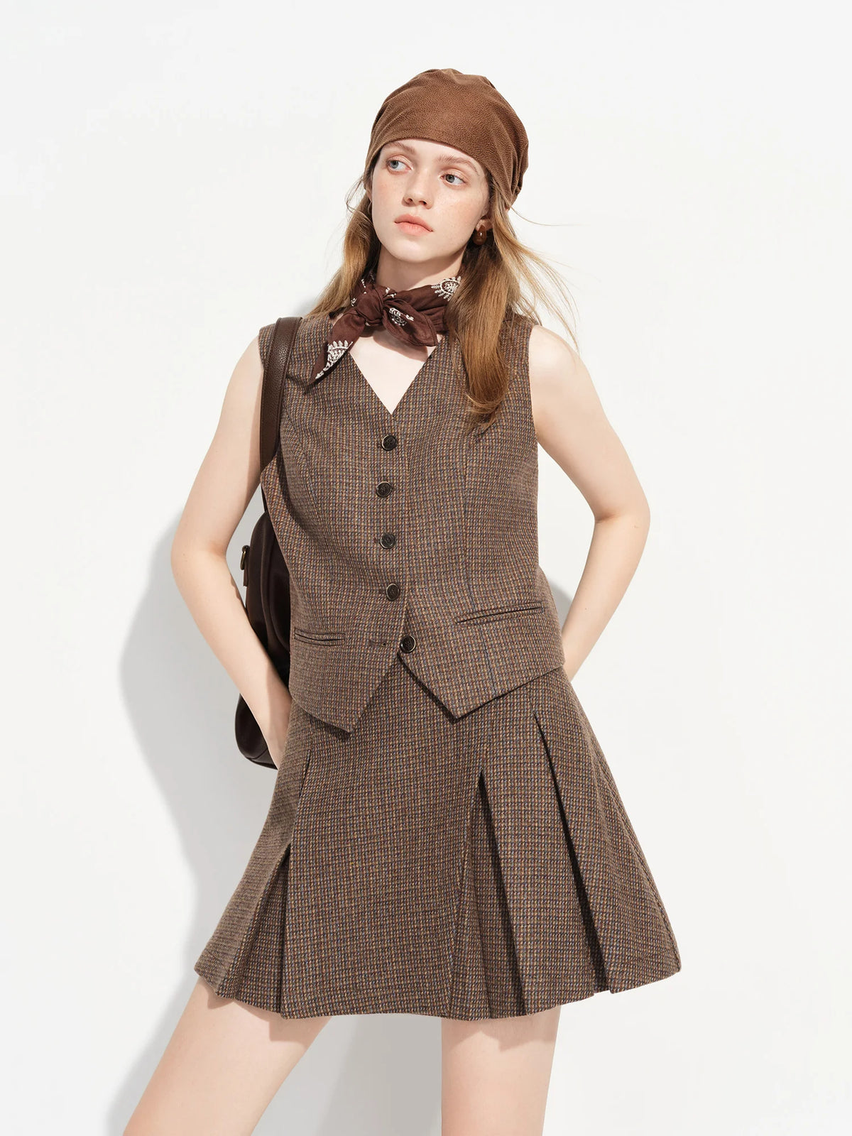 FSLE【Premium Series】New Women's Brown Wool Checkered Suit Set Blazer Vest Skirt Three Piece Coord Vintage Office Chic Suiting - Matrix-studios.com