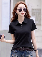New Women Summer Casual T-shirt Fashion Button Turn-down Collar Short Sleeve Slim Polo T-shirt Simplicity Solid Color T-shirt - Matrix-studios.com