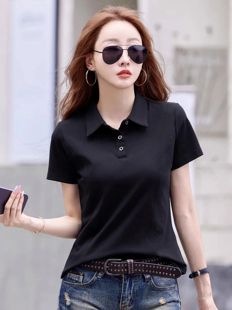 New Women Summer Casual T-shirt Fashion Button Turn-down Collar Short Sleeve Slim Polo T-shirt Simplicity Solid Color T-shirt - Matrix-studios.com