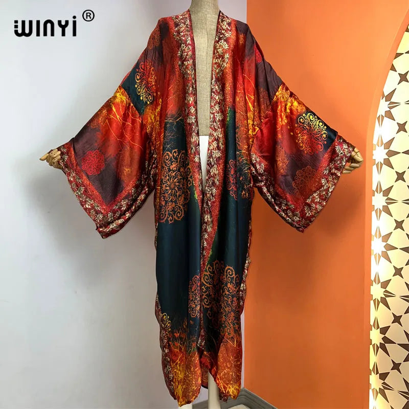 WINYI Summer New Fashion Print Women Cardigan Loose Long Dress Elegant Party Boho Maxi Beach Holiday Cover Up Kimonos Kaftan - Matrix Studios