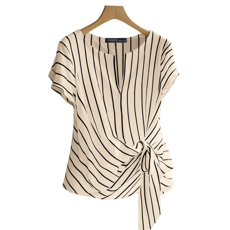 Fashion Stripe Blouse 2025 ZANZEA Summer Women V Neck Short Sleeve Tops Elegant Work OL Shirt Casual Loose Blusas Female Chemise - Matrix-studios.com