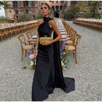 Elegant Ribbon Halter Dress Women Solid Off Shoulder Sleeveless Backless Slim Maxi Dresses 2025 Summer Autumn Party Robes Lady - Matrix-studios.com