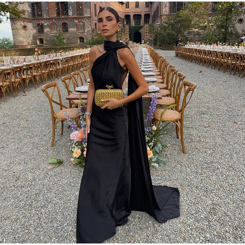 Elegant Ribbon Halter Dress Women Solid Off Shoulder Sleeveless Backless Slim Maxi Dresses 2025 Summer Autumn Party Robes Lady - Matrix-studios.com