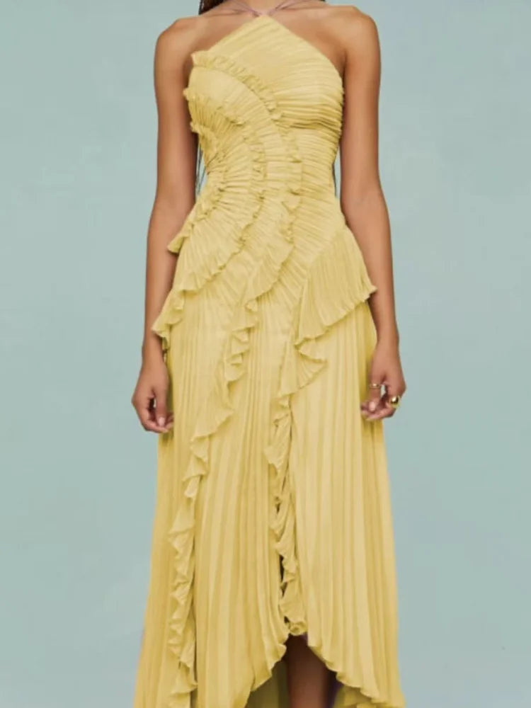 Chic pleated halter neck long vacation dress high quality purple strapless Lotus Edge Maxi Dress 2026 New Lady Vacation Gowns - Matrix-studios.com