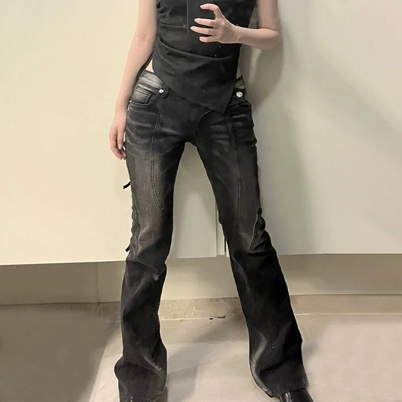 Karrram Vintage Distressed Low Waist Jeans Grunge Asymmetrical Waist Denim Pant Korean Fashion Black Flare Jeans Kpop Streetwear - Matrix-studios.com
