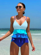 Cikini-Layered Hem Tankini Swimsuit for Women, Monochromatic, Two-Piece, Summer Beach Swimwear, Bathing Suit - Matrix-studios.com