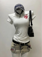 Deeptown Y2k White Vintage Women's T-Shirts Harajuku Short Sleeve Harajuku Printed American Style Tees Polo Collar Slim Gyaru - Matrix-studios.com