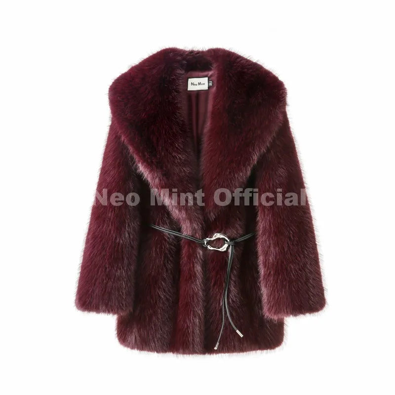 Neo Mint 2025 Winter Hot Brown Belted Faux Fur Coat Women Thick Warm Long Fox Fur Jacket Chic Brand Fashion Girls Furry Overcoat - Matrix Studios