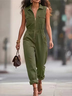 Streetwear Jumpsuit For Women Fashion Sleeveless Zipper Turn-down Collar Long Pants Jumpsuits Lady Casual Solid Women's Clothing - Matrix Studios