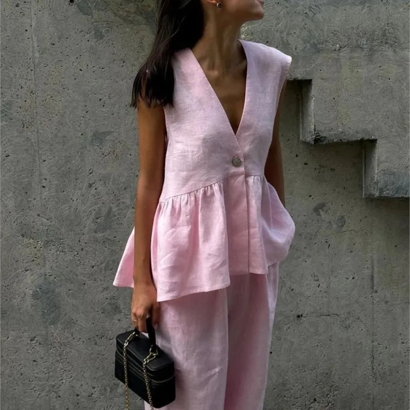 Fashion Women's Trouser Suits Sleeveless V-Neck Top Women Casual Straight Pants Sets Summer Women's Suit Commuter 2 Piece Set - Matrix-studios.com