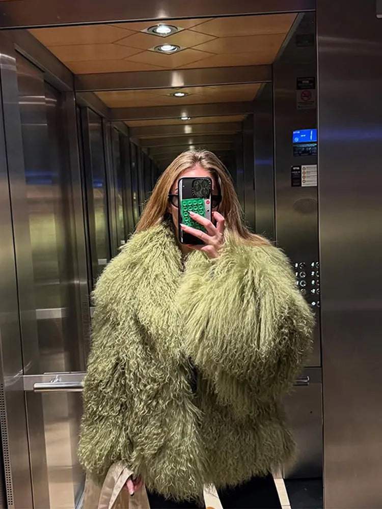Solid Fluffy Woolen Faux Fur Jacket Women Fashion Turn Down Collar Long Sleeve Loose Coats Lady Winter Daily Street Outwears - Matrix Studios