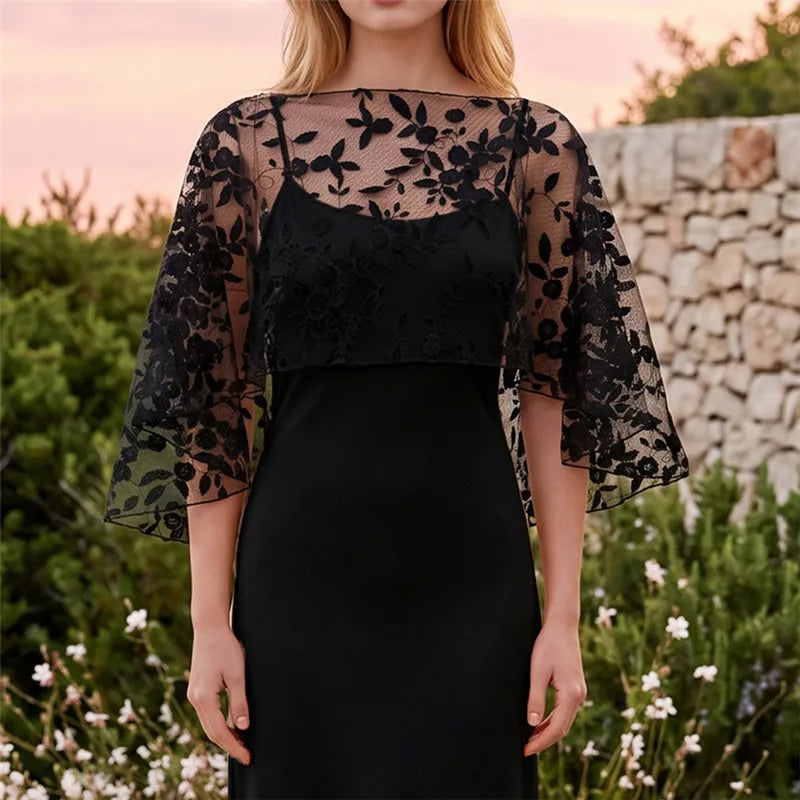 hirigin Women Floral Lace Tulle Cape Short Wedding Shawl Bell Sleeve Sheer Mesh Bolero Cover Up Bridal Evening Party Prom Shrug - Matrix Studios
