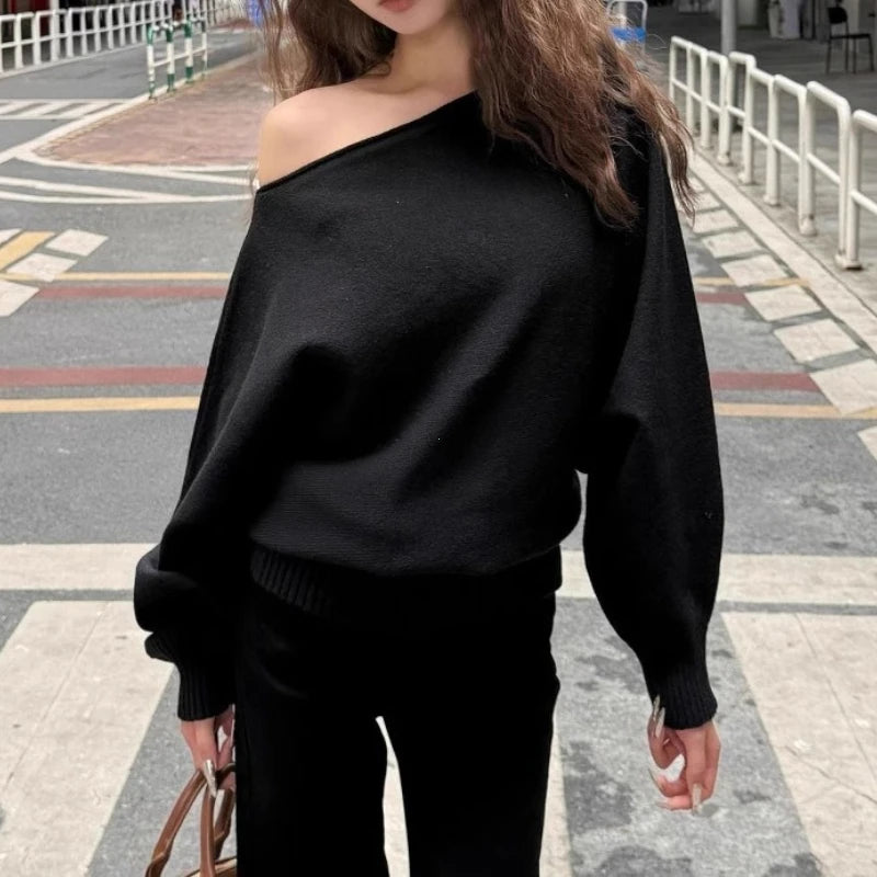 Batwing Long Sleeve Knitted Pullover Women 380g Thick Off Shoulder Top Korean Fashion Sweater Loose Casual Autumn Outwear Pull - Matrix Studios
