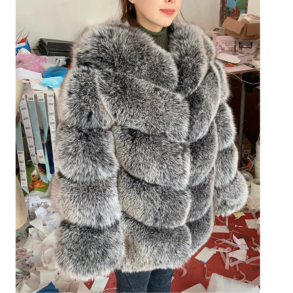 QUEENTINA  Natural Fox Fur Coats Fashion New Women's Very Warm And Stylish Jacket Vest Stand Collar Leather Coat Women Winter - Matrix Studios