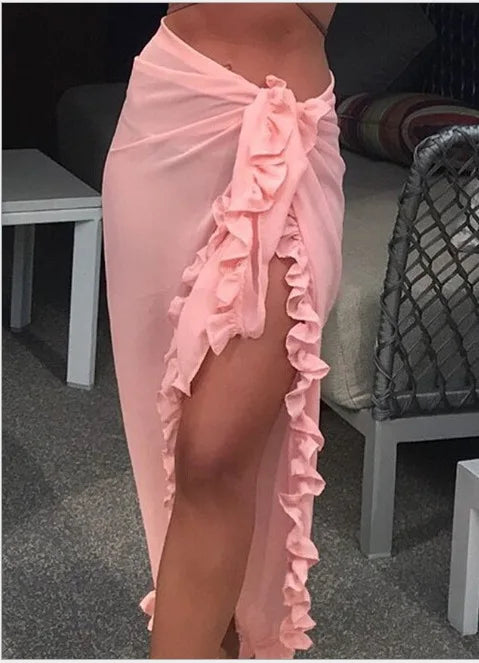 5 Colors Ruffle Sarong for Women 2024 Summer Solid Bikini Long Skirt Beach Dress Swimming Sun Protection Swim Cover Ups Monokini - Matrix Studios