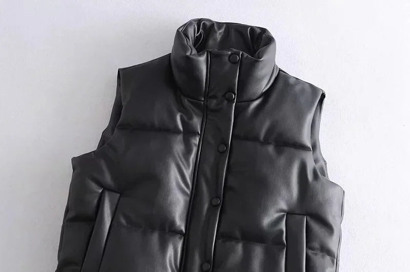 Autumn Winter PU Leather Coat Women Black Stand Collar Vests Women Fashion Zipper Elegant Short Vests Female Ladies - Matrix Studios