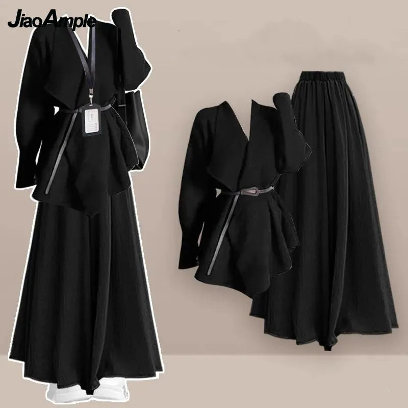 2025 Autumn/Winter New Korean Elegant In Matching Set Women's Fashion Knitted Cardigan Coat+Loose Skirt Pants Two Piece Suit - Matrix-studios.com