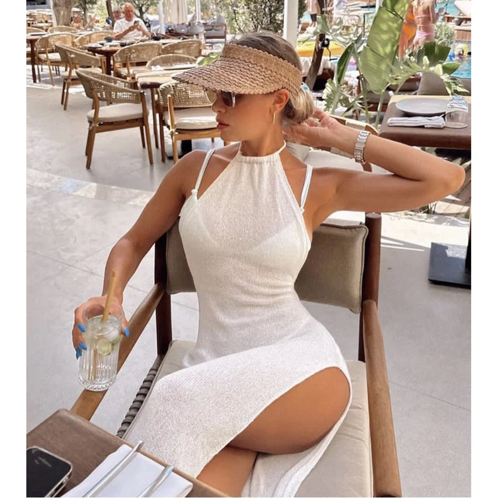 2026 Kintted Cover Up Beach Sexy See Through Maxi Slit Bodycon Summer Dress Bikinis Cover-ups  Elegant Halter Beachdress - Matrix Studios