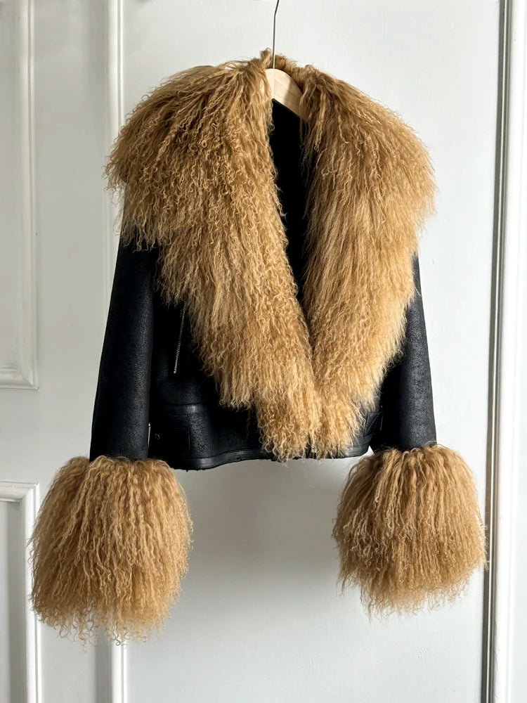Janveny Luxury Natural Mongolian Sheep Fur Coat Women Winter Short Faux Leather Jacket Female Moto Biker Thick Outwear - Matrix Studios