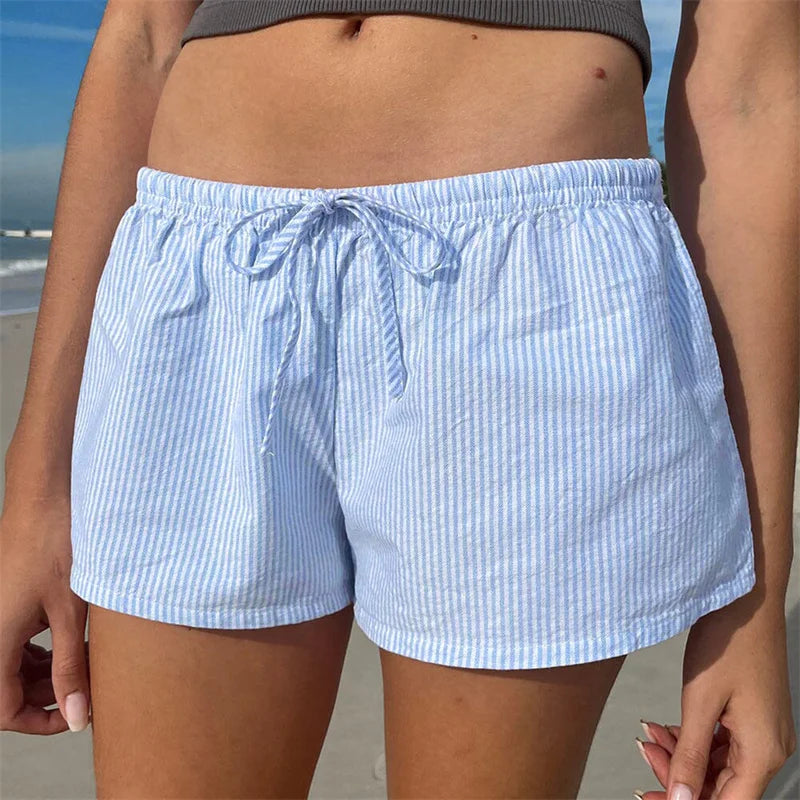 Casual Striped Shorts Women y2k Clothing Drawstring Elastic Waist Loose Fit Wide Leg Bottoms 2000s Aesthetic Streetwear - Matrix Studios