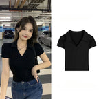 Polo Golf Shirt V-Neck Short Sleeve T-Shirt Women's Summer Harajuku Design Y2K Slim-Fit Base Layer Cropped Top Straight Shoulder - Matrix-studios.com