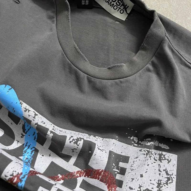 Vinatge Washed Distressed Hole SATOSHI Tshirt Crack Fading Print Short Sleeve Hiphop Streetwear Cotton Round Neck Tops Men Women - Matrix-studios.com