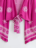 Boho Queens Women Wild Floral 2025 Short Bohemian Kimono Ruffles Flare Sleeves Vacation Beach Summer Bikini Boho Cover-ups - Matrix Studios