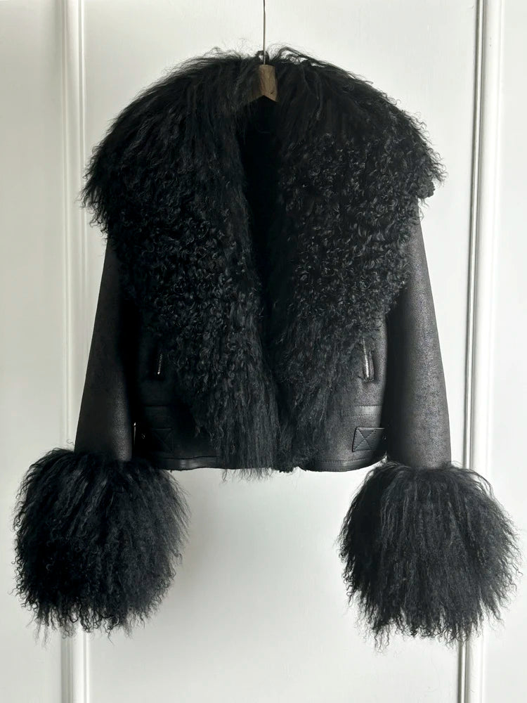 Janveny Luxury Natural Mongolian Sheep Fur Coat Women Winter Short Faux Leather Jacket Female Moto Biker Thick Outwear - Matrix Studios
