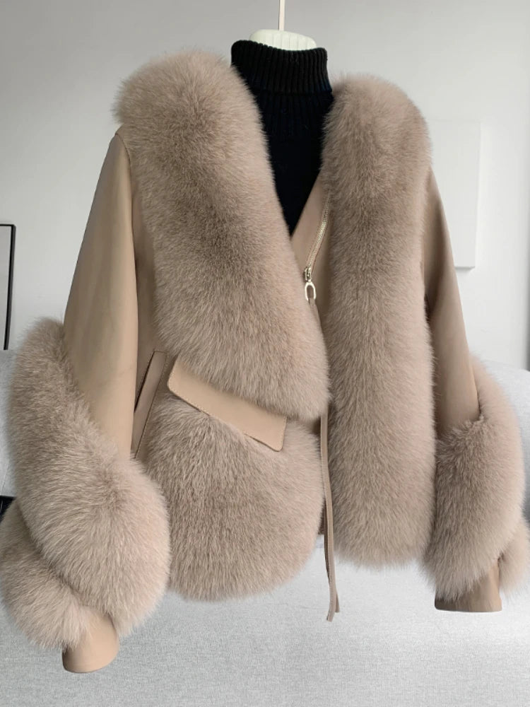 OFTBUY 2022 Real Fur Coat Winter Jacket Women Natural Fox Fur Genuine Leather Outerwear  Streetwear Locomotive Thick Warm New - Matrix Studios