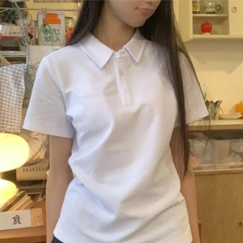 Summer Women's Polo Shirt Short Sleeve Skinny Slim Solid Japanese Preppy Style Uniform Tshirt White Basic Button Casual Top Tees - Matrix-studios.com